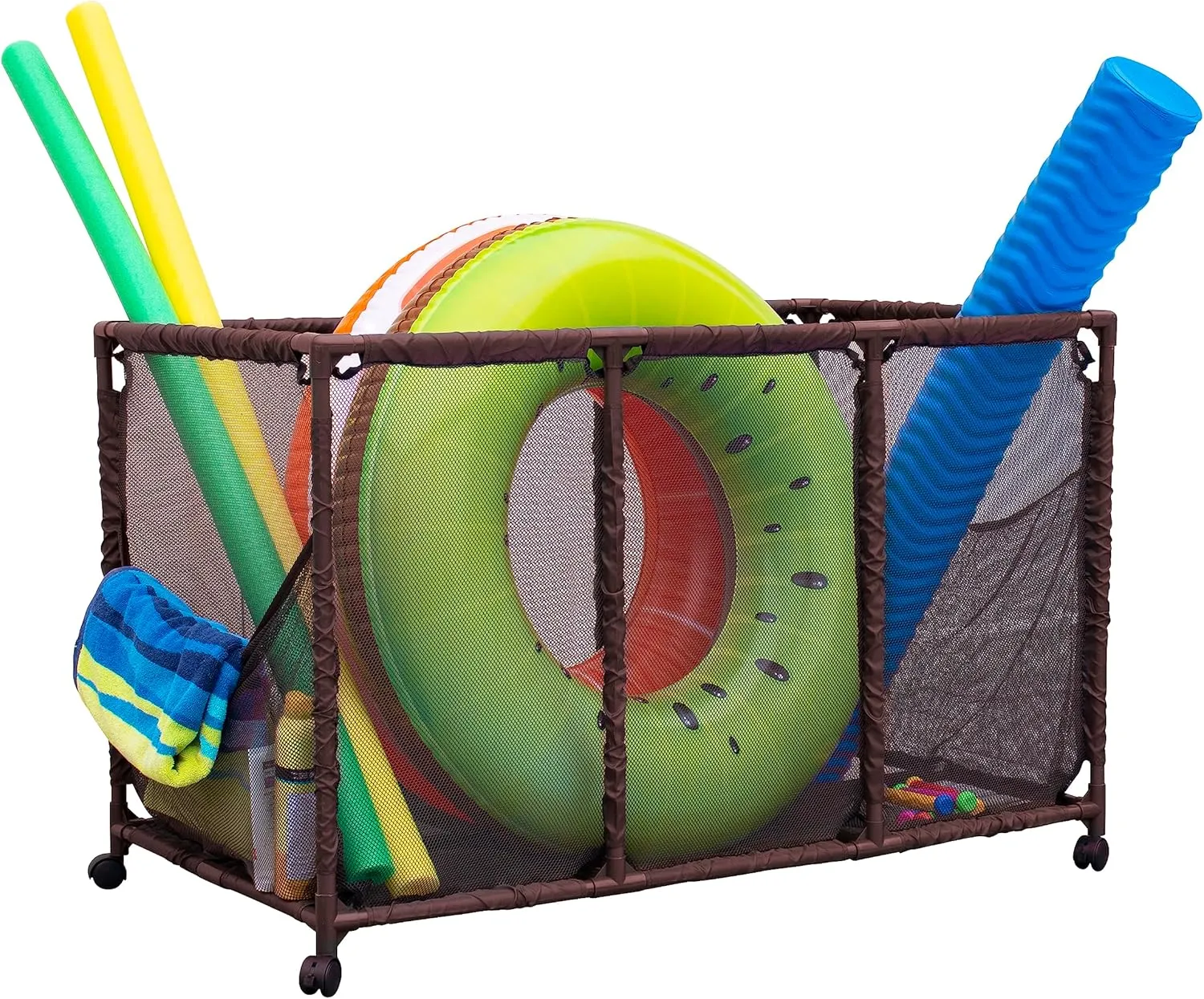 Pool Noodles Holder, Toys, Balls, Floats and Equipment Mesh Rolling Storage Organizer Bin, Kids Height, Large (25" L x 43" W x 28" H), Brown