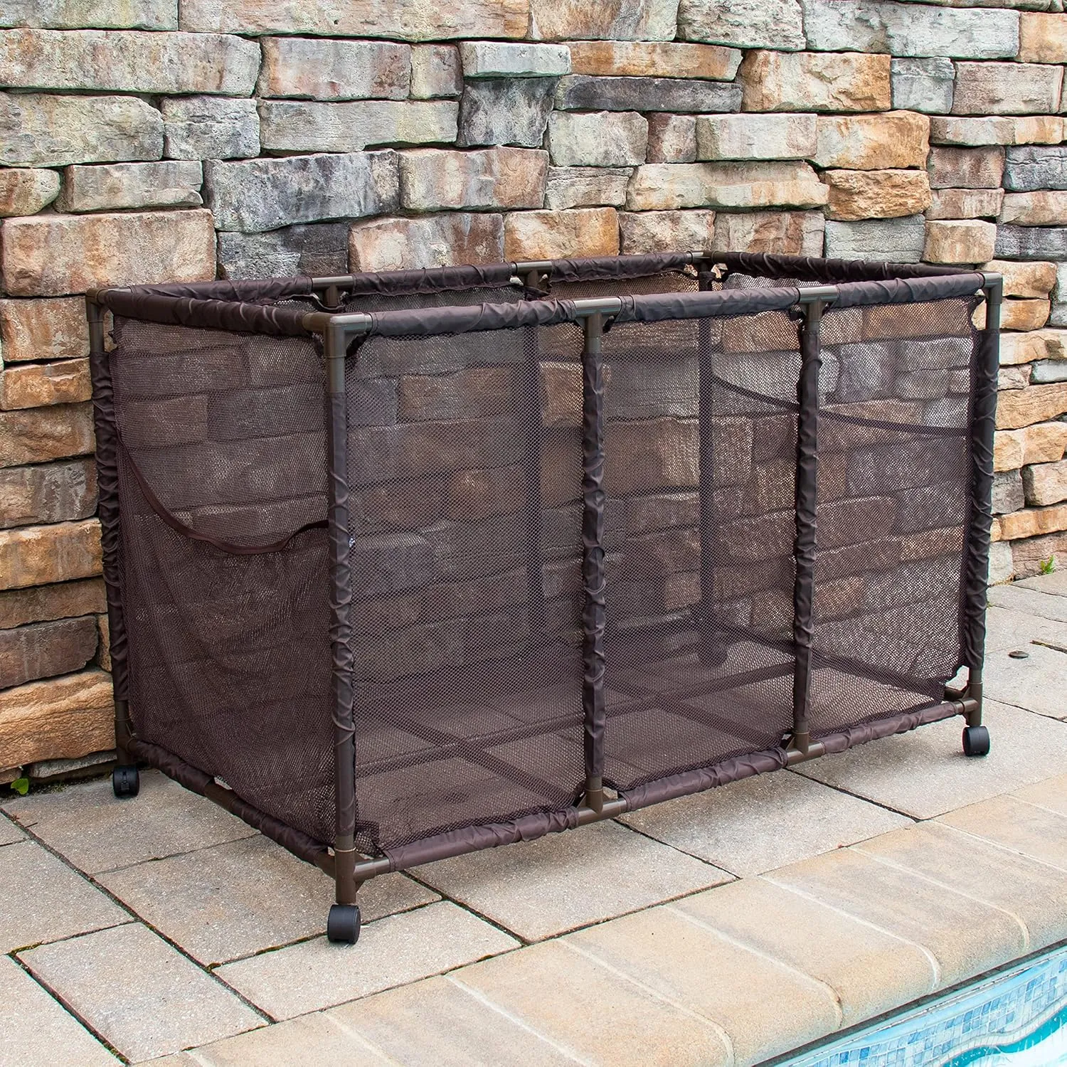 Pool Noodles Holder, Toys, Balls, Floats and Equipment Mesh Rolling Storage Organizer Bin, Kids Height, Large (25" L x 43" W x 28" H), Brown