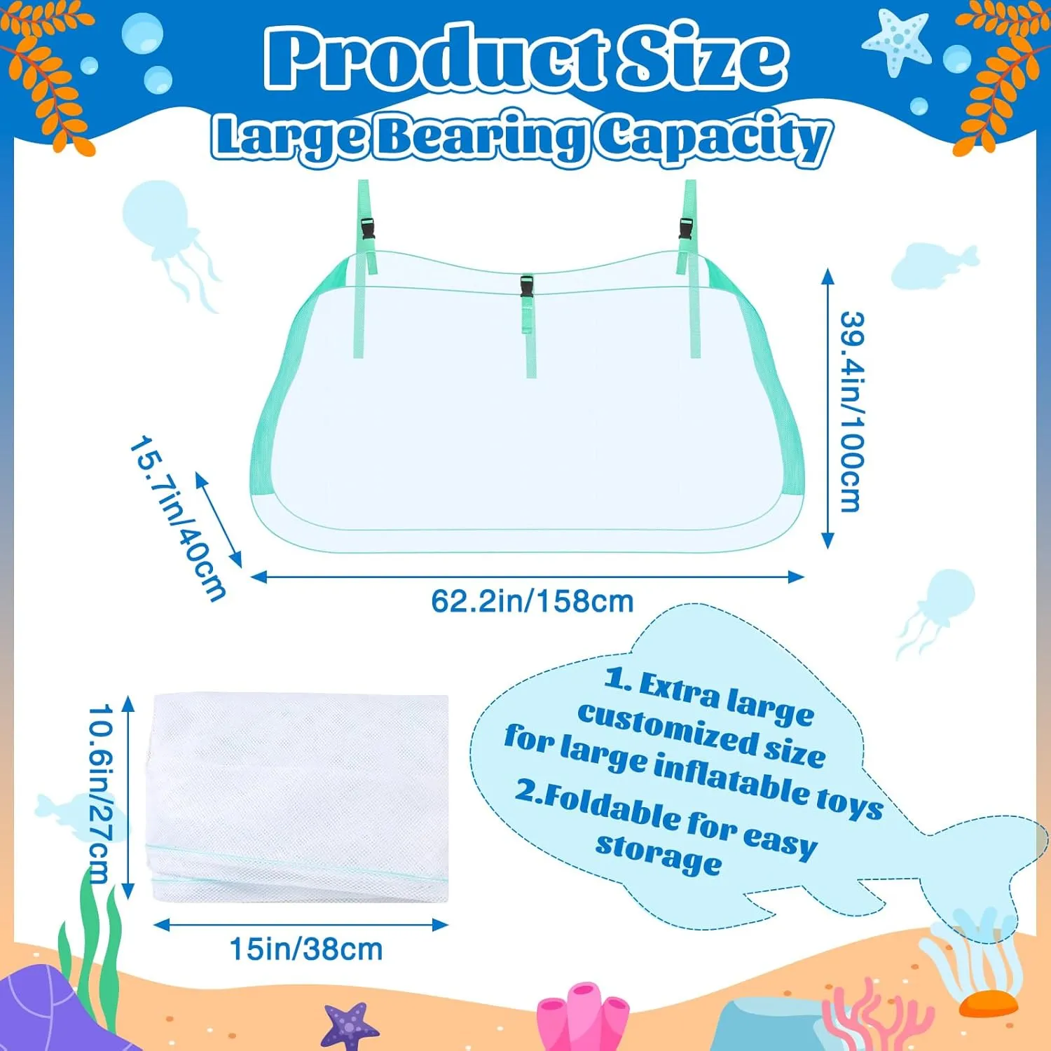 Pool Storage Bag, Adjustable Swimming Pool Hanging Organizer Mesh for Floats, Inflatable Toys, Pool Accessories-Heavy Duty Reinforced Attaches to Pool Side and Fence (62.2" L×15.7" W×39.4" H)