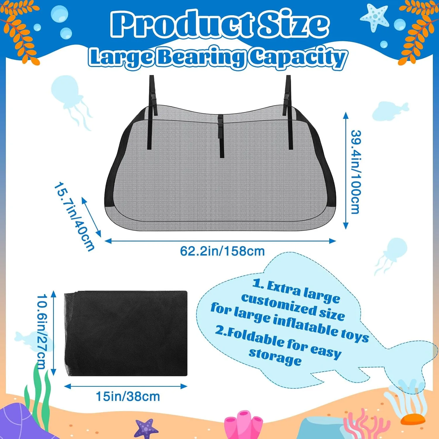 Pool Storage Bag, Adjustable Swimming Pool Hanging Organizer Mesh for Floats, Inflatable Toys, Pool Accessories-Heavy Duty Reinforced Attaches to Pool Side and Fence (62.2" L×15.7" W×39.4" H)