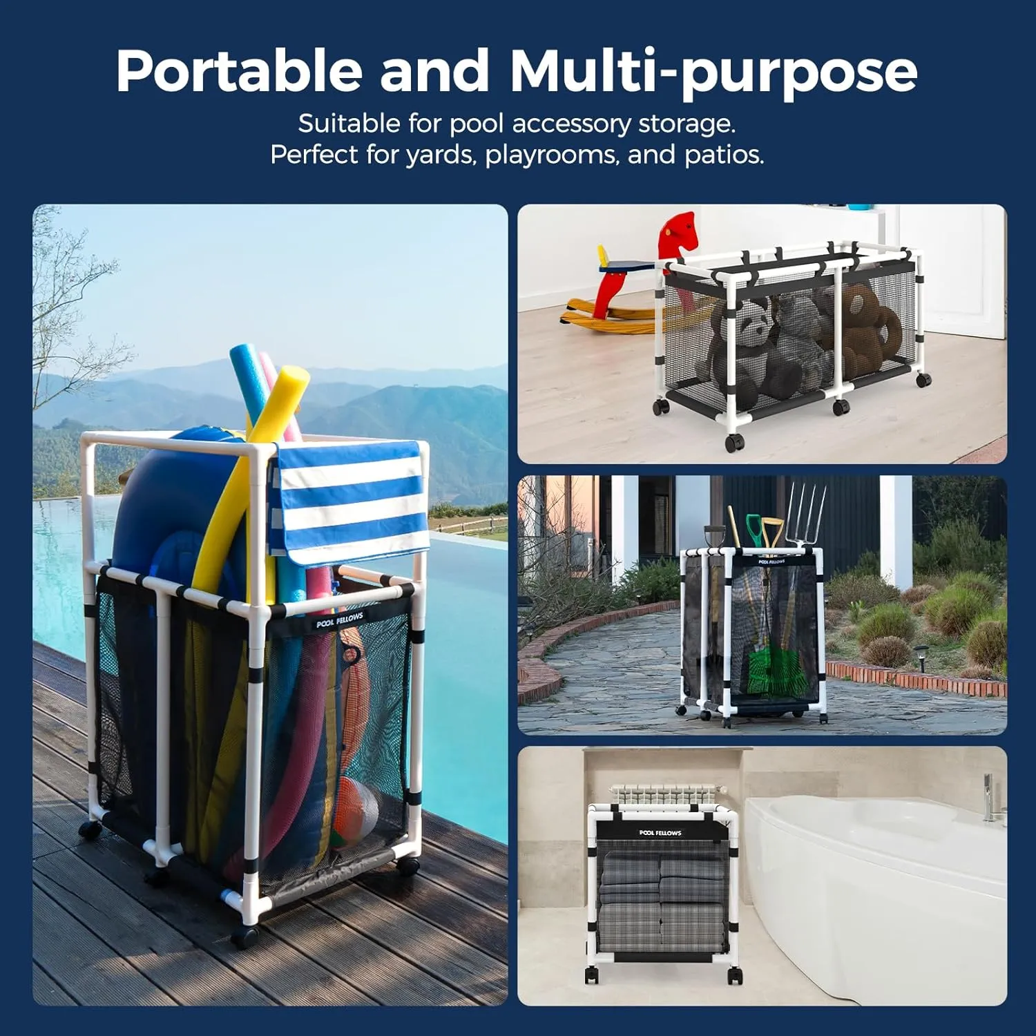 Pool Storage Bin, 105 Gallons, Holder for Noodles, Toys, Floats, Towels, Mesh Organizer for Swimming Equipments, Basic Style