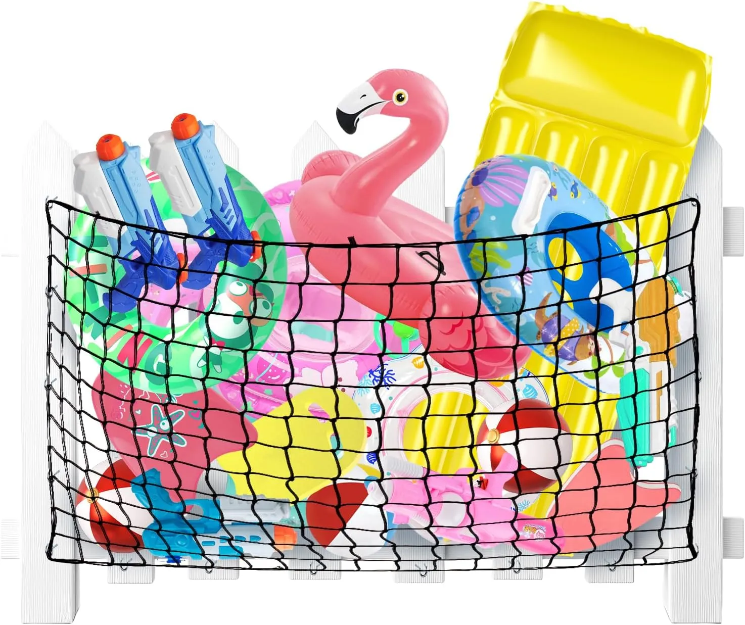 Pool Storage Net, Pool Toy Net 71” x 47”, Elastic Mesh Net with 20 Hooks for Fence, Outdoor Pool Toy Storage for Noodles, Floating Mat, Pool Rings, Balls, Inflatable Toys