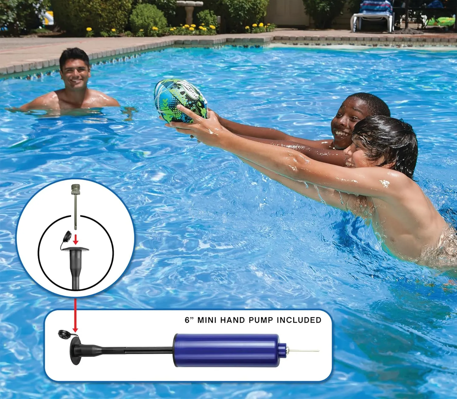 Poolmaster 8.5-Inch Active Xtreme Cyclone Easy Grip Waterproof Football With 6-Inch Mini Portable Air Pump for Inflatables, Game and Beach Balls