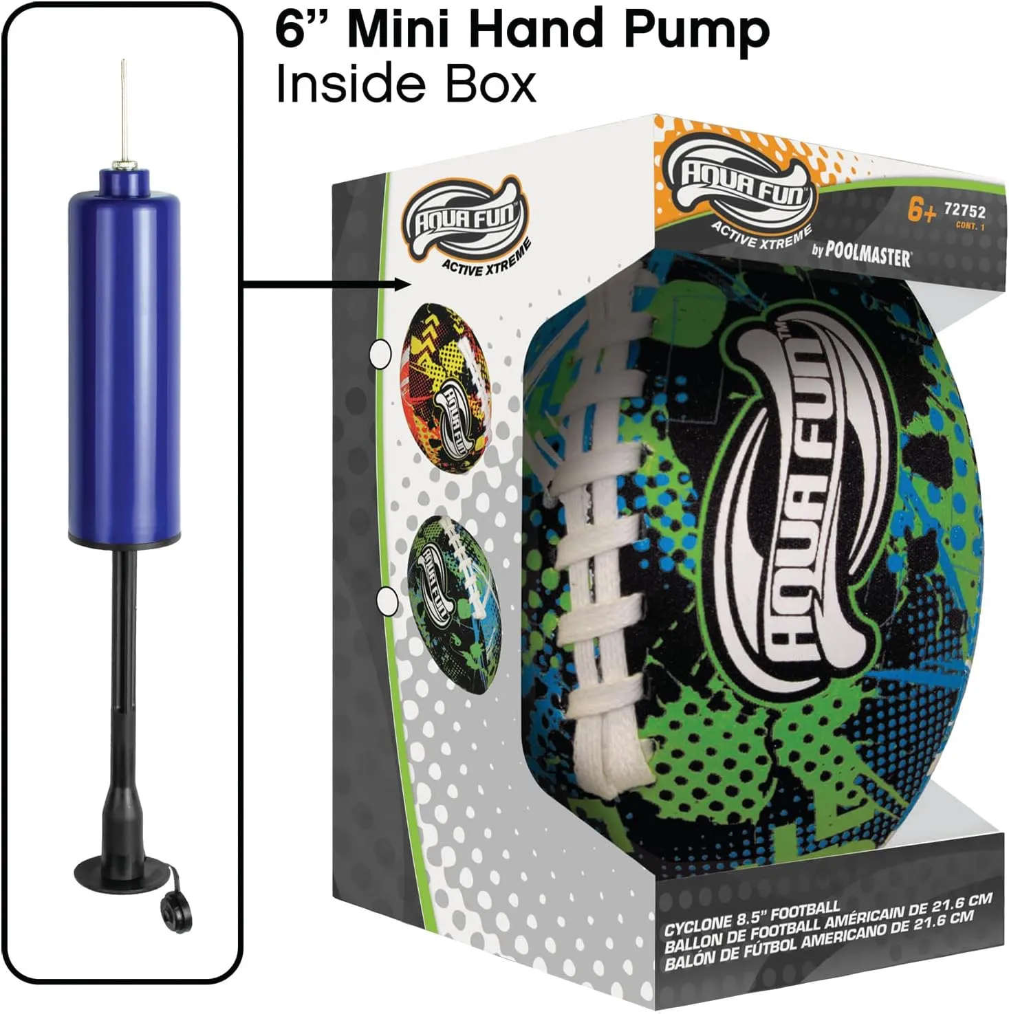 Poolmaster 8.5-Inch Active Xtreme Cyclone Easy Grip Waterproof Football With 6-Inch Mini Portable Air Pump for Inflatables, Game and Beach Balls