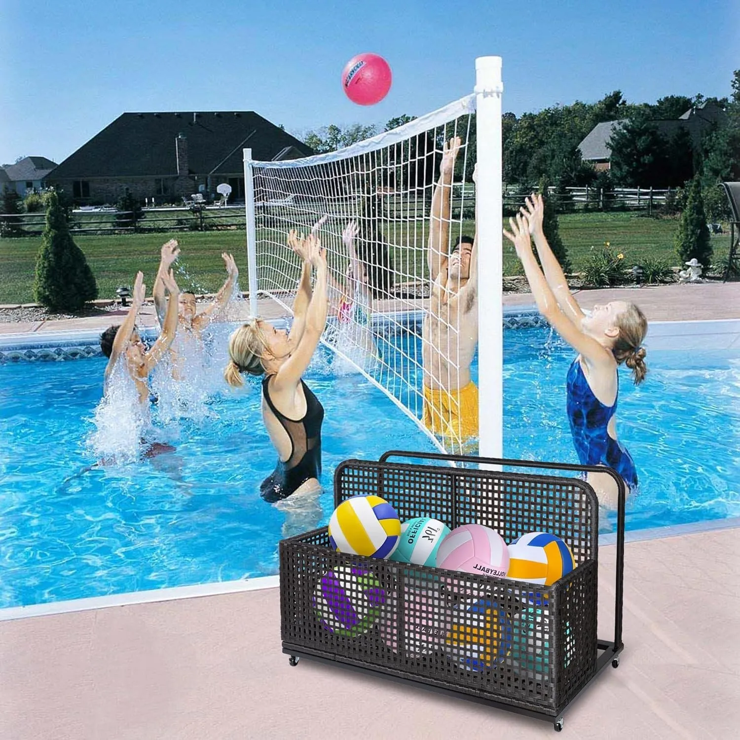 Poolside Float Storage, Outdoor Storage, PE Rattan Outdoor Pool Caddy With Rolling Wheels, Patio Deck Boxes, Storage Box, Pool, Beach-Sturdy,Dark Brown