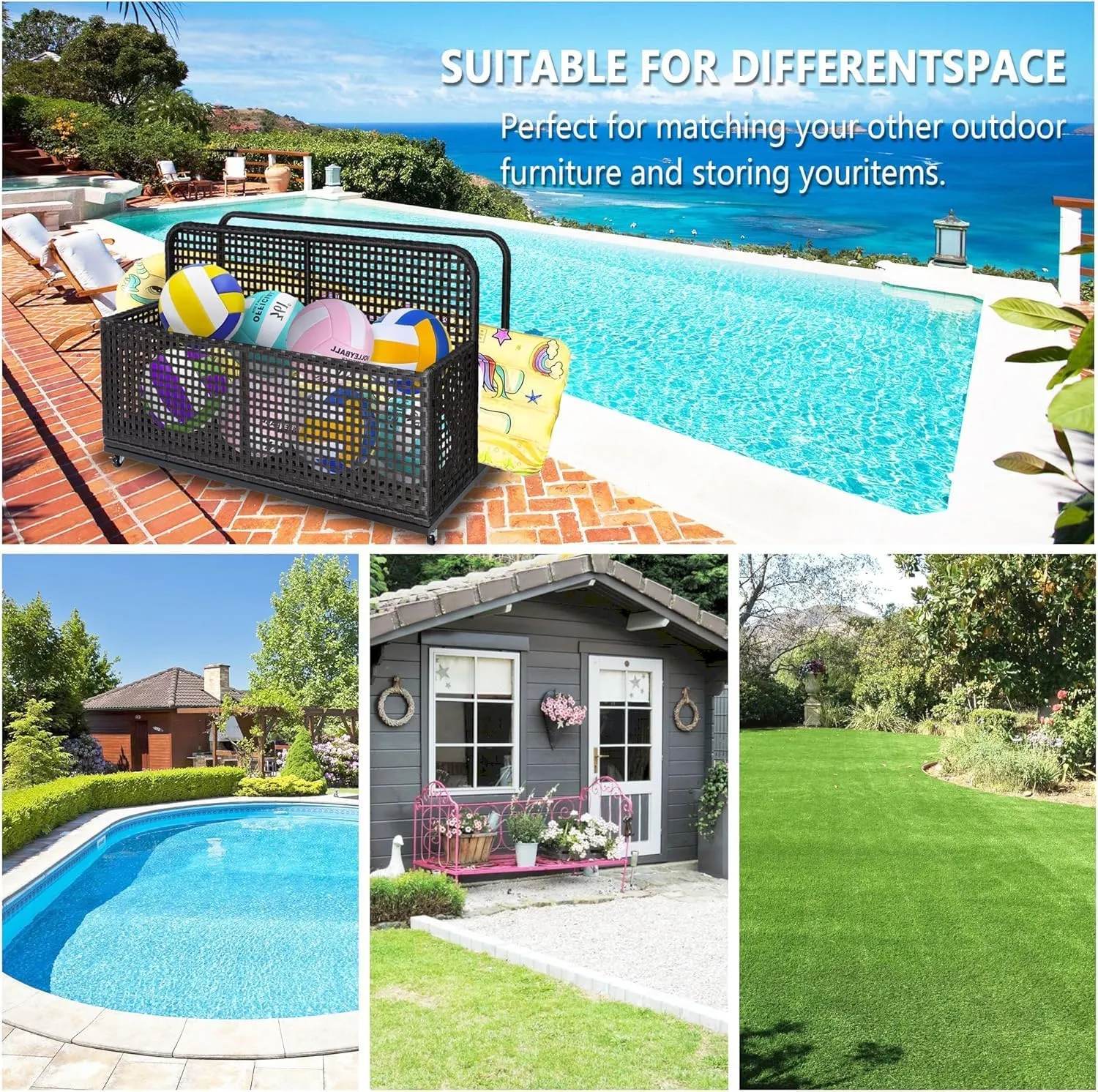 Poolside Float Storage, Outdoor Storage, PE Rattan Outdoor Pool Caddy With Rolling Wheels, Patio Deck Boxes, Storage Box, Pool, Beach-Sturdy,Dark Brown