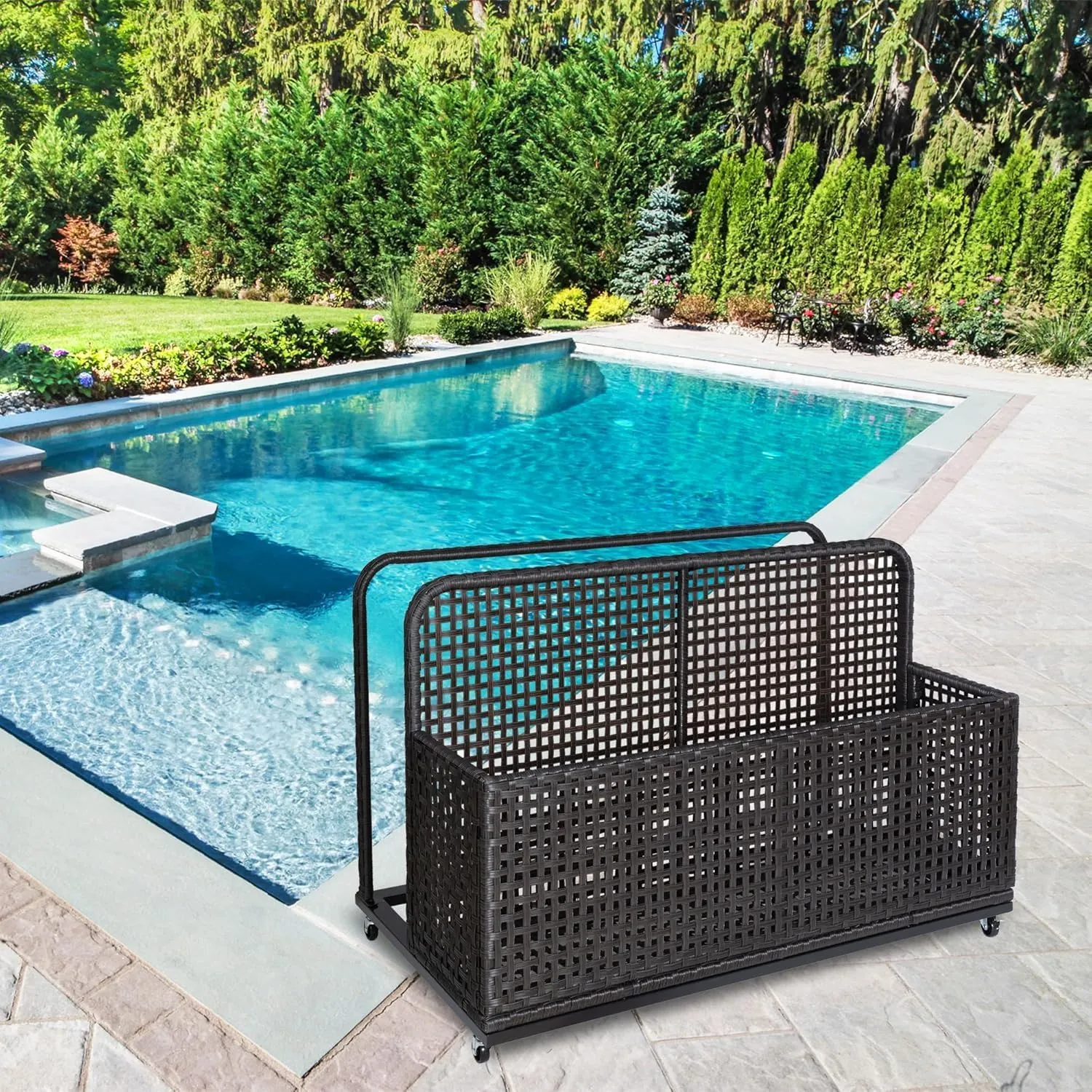Poolside Float Storage, Outdoor Storage, PE Rattan Outdoor Pool Caddy With Rolling Wheels, Patio Deck Boxes, Storage Box, Pool, Beach-Sturdy,Dark Brown