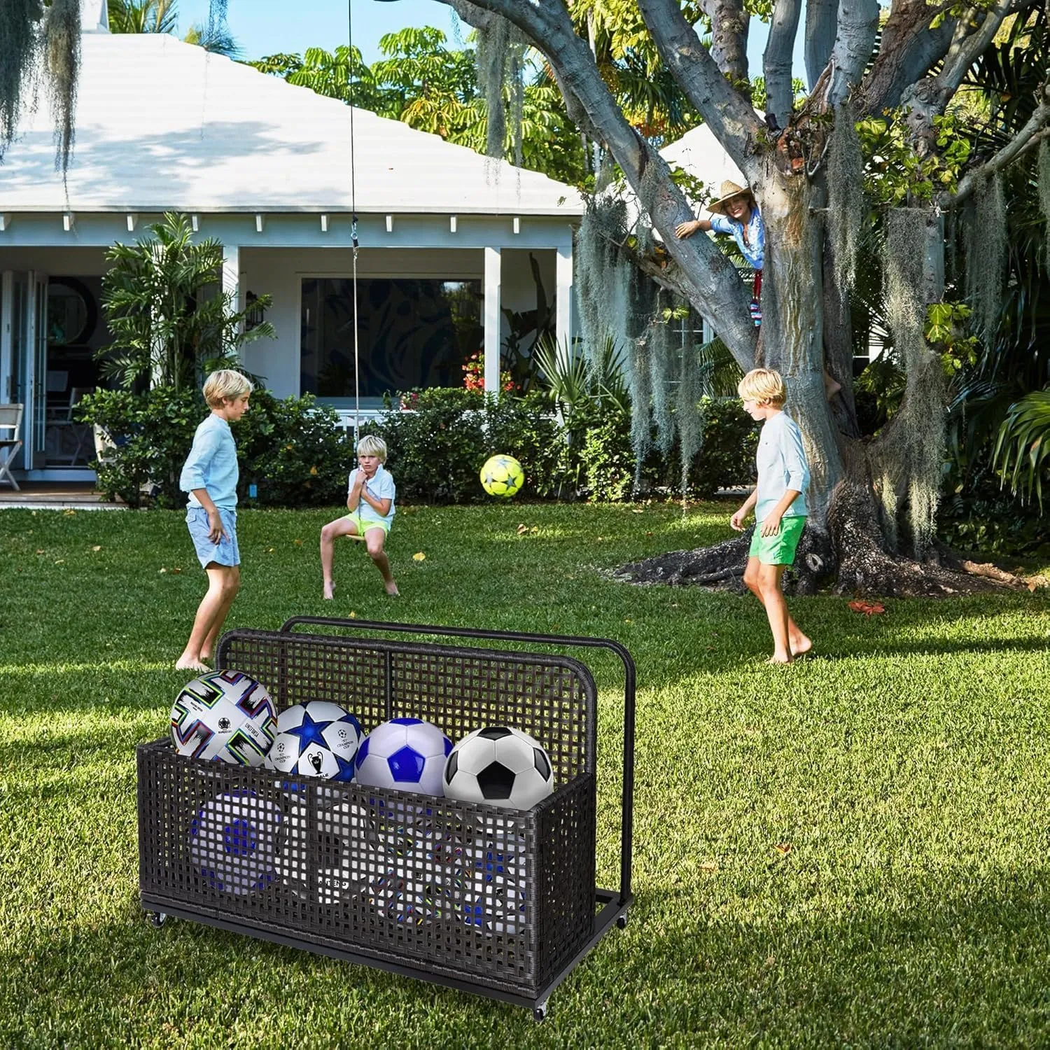 Poolside Float Storage, Outdoor Storage, PE Rattan Outdoor Pool Caddy With Rolling Wheels, Patio Deck Boxes, Storage Box, Pool, Beach-Sturdy,Dark Brown