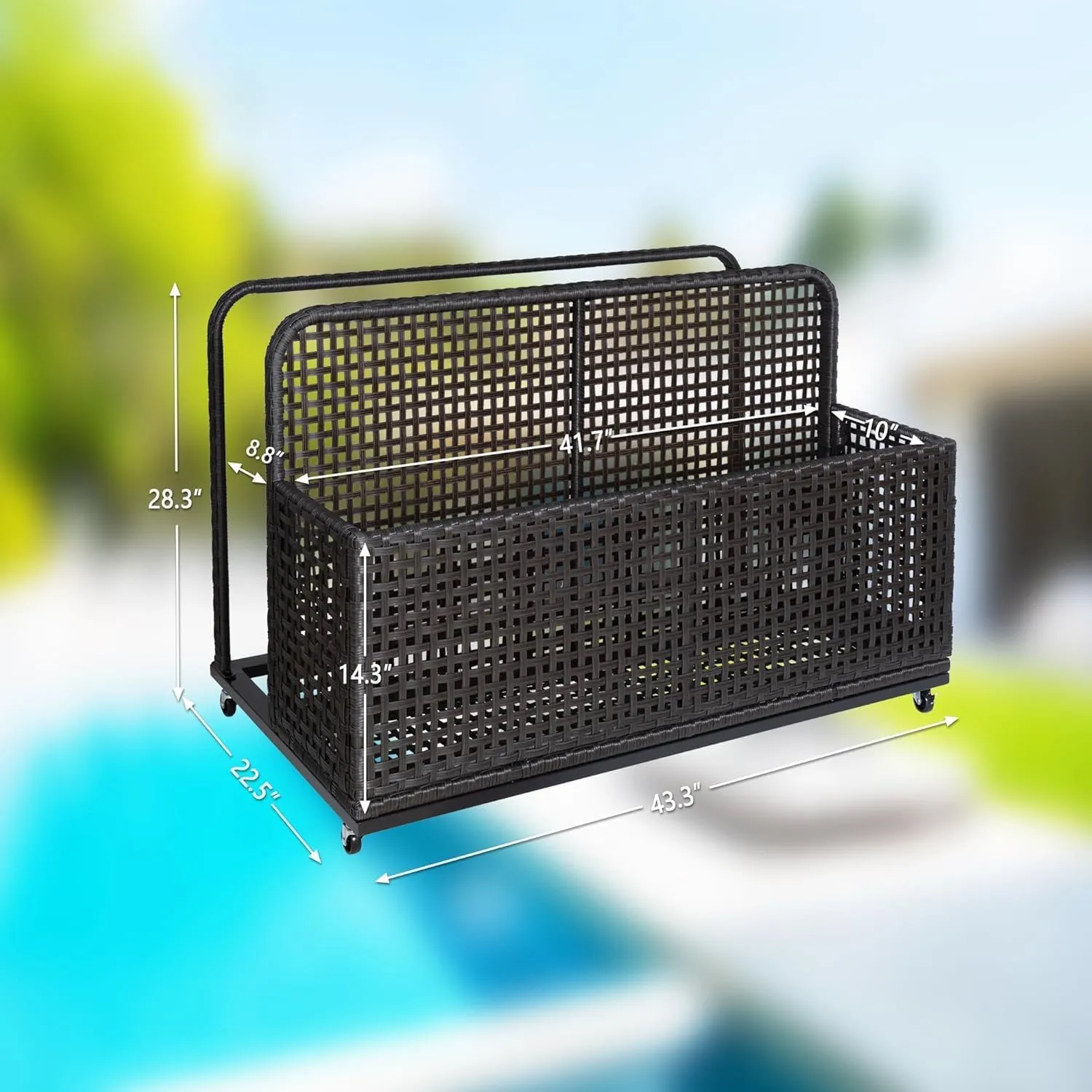 Poolside Float Storage, Outdoor Storage, PE Rattan Outdoor Pool Caddy With Rolling Wheels, Patio Deck Boxes, Storage Box, Pool, Beach-Sturdy,Dark Brown