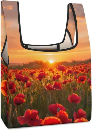 Poppy Field at Sunset Grocery Shopping Bags Foldable Tote Bags Casual Handbags Purses Work Bag for Women
