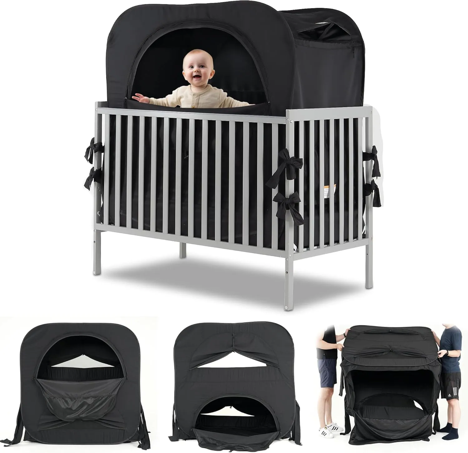 Poray Pop up Baby Blackout Tent Privacy Sleeping Crib Tent Cover for Toddler,Blocks 95% Light with Monitor and Fan Pouch Design with Zipper Doors,Breathable Mesh Windows,Portable Carry Bag
