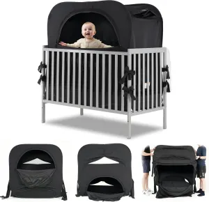 Poray Pop up Baby Blackout Tent Privacy Sleeping Crib Tent Cover for Toddler,Blocks 95% Light with Monitor and Fan Pouch Design with Zipper Doors,Breathable Mesh Windows,Portable Carry Bag