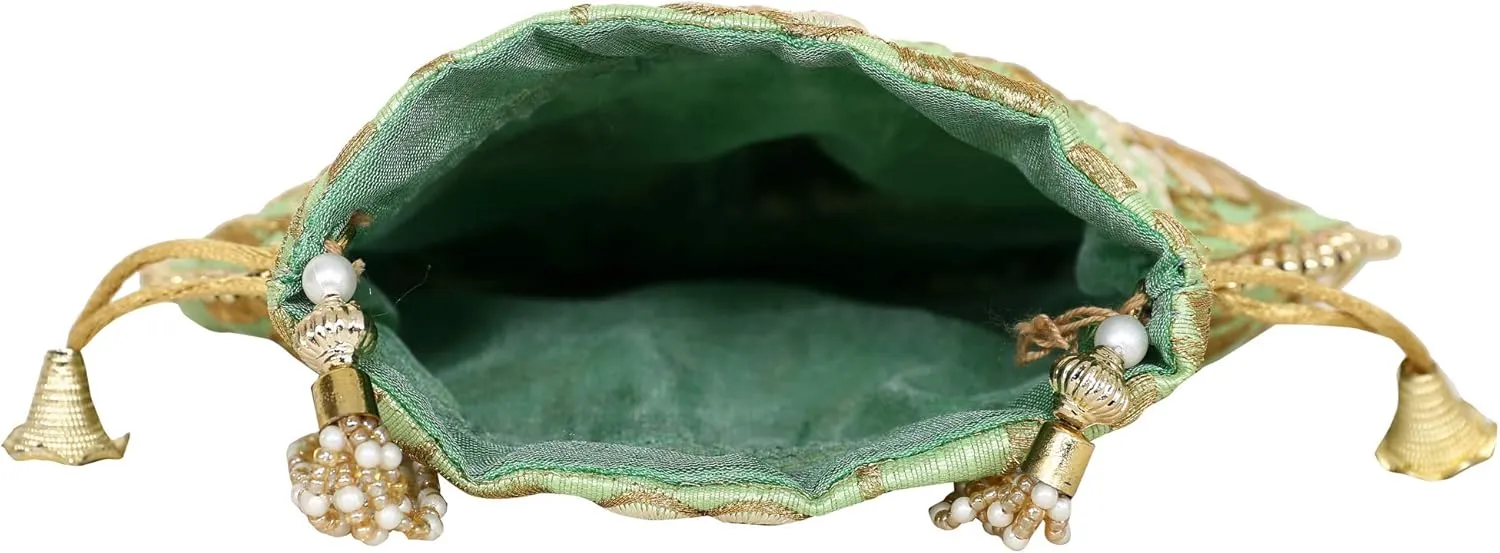Potli Bag for Women Ethnic Gold, Pearl Handle Floral Accents, Drawstring Closure Pearls Handle Batwa Clutch Purse