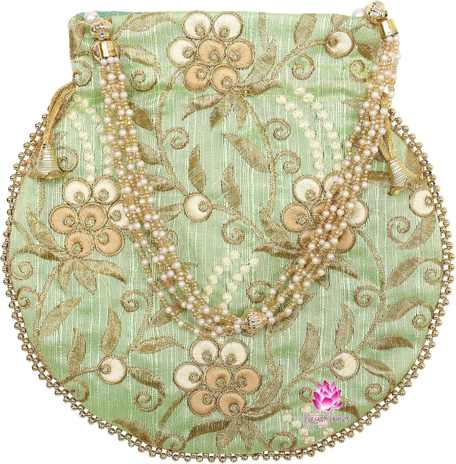 Potli Bag for Women Ethnic Gold, Pearl Handle Floral Accents, Drawstring Closure Pearls Handle Batwa Clutch Purse