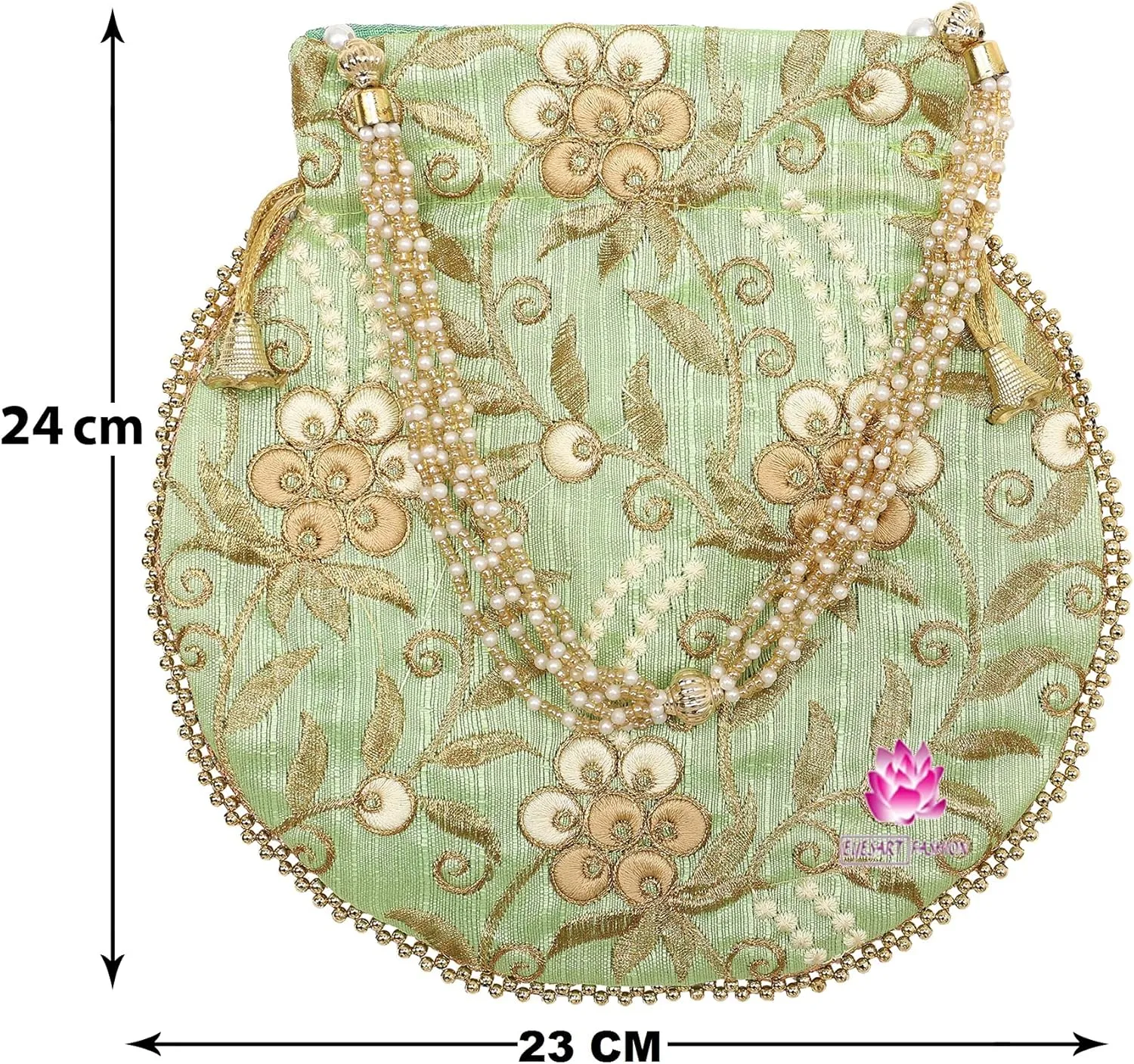 Potli Bag for Women Ethnic Gold, Pearl Handle Floral Accents, Drawstring Closure Pearls Handle Batwa Clutch Purse