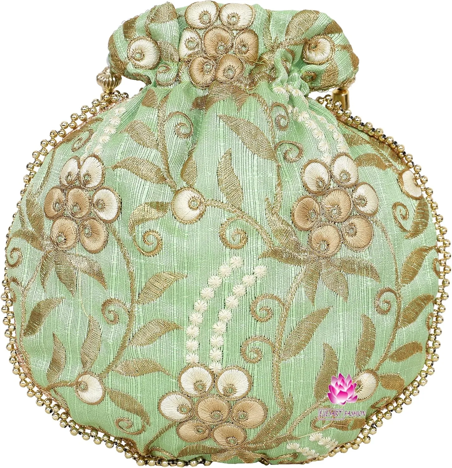 Potli Bag for Women Ethnic Gold, Pearl Handle Floral Accents, Drawstring Closure Pearls Handle Batwa Clutch Purse