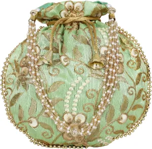 Potli Bag for Women Ethnic Gold, Pearl Handle Floral Accents, Drawstring Closure Pearls Handle Batwa Clutch Purse