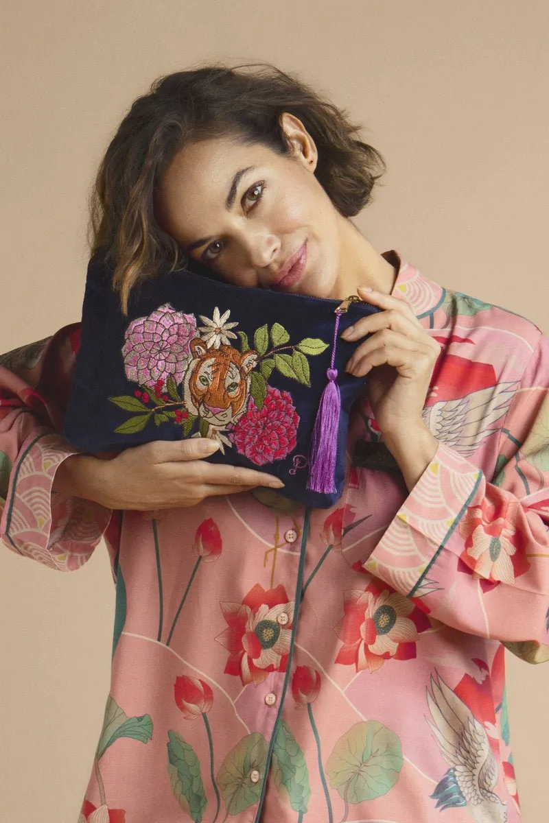 Powder Floral Tiger Face Zip Pouch