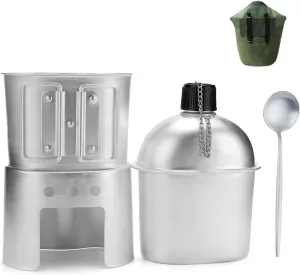 Pure Handmade Military Canteen Set of 4 – Aluminum Canteen, Cup, Stove & Pouch Kit, Outdoor Survival Water Bottle with Cover, Cooking Canteen for Camping, Hiking, Backpacking, Hunting Gear