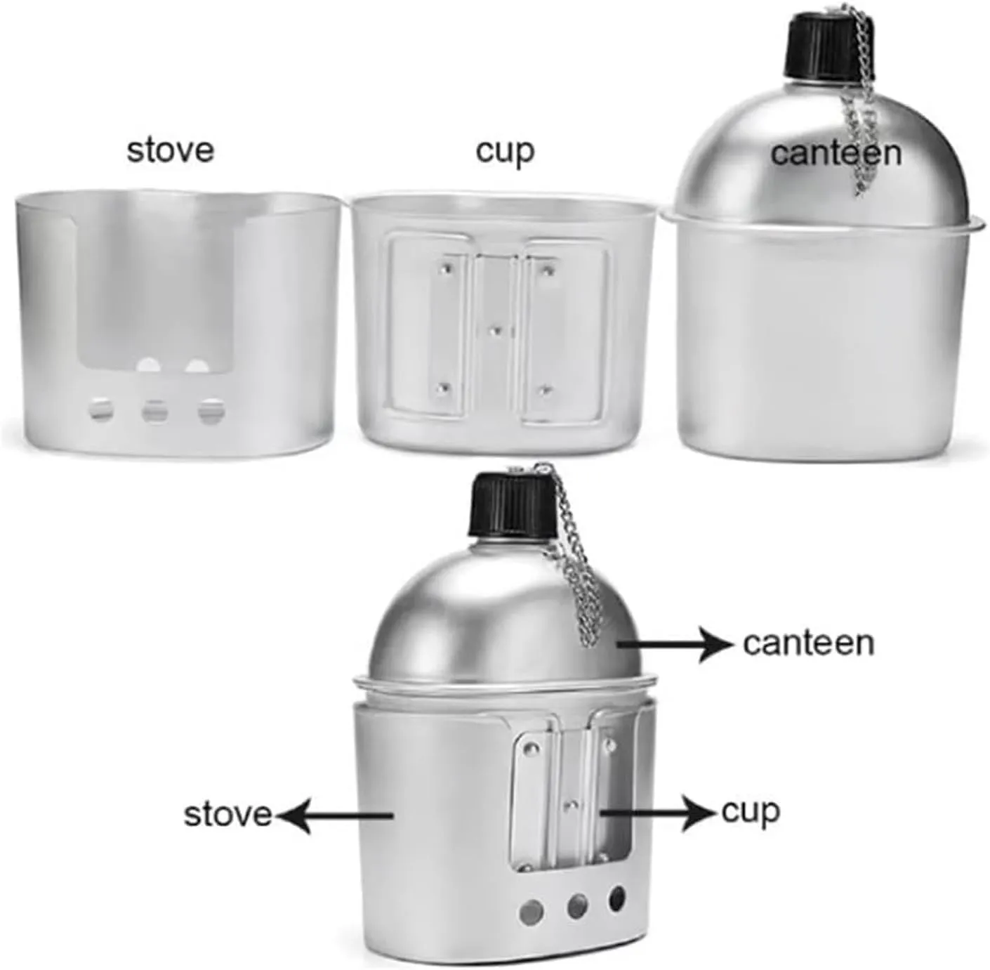 Pure Handmade Military Canteen Set of 4 – Aluminum Canteen, Cup, Stove & Pouch Kit, Outdoor Survival Water Bottle with Cover, Cooking Canteen for Camping, Hiking, Backpacking, Hunting Gear
