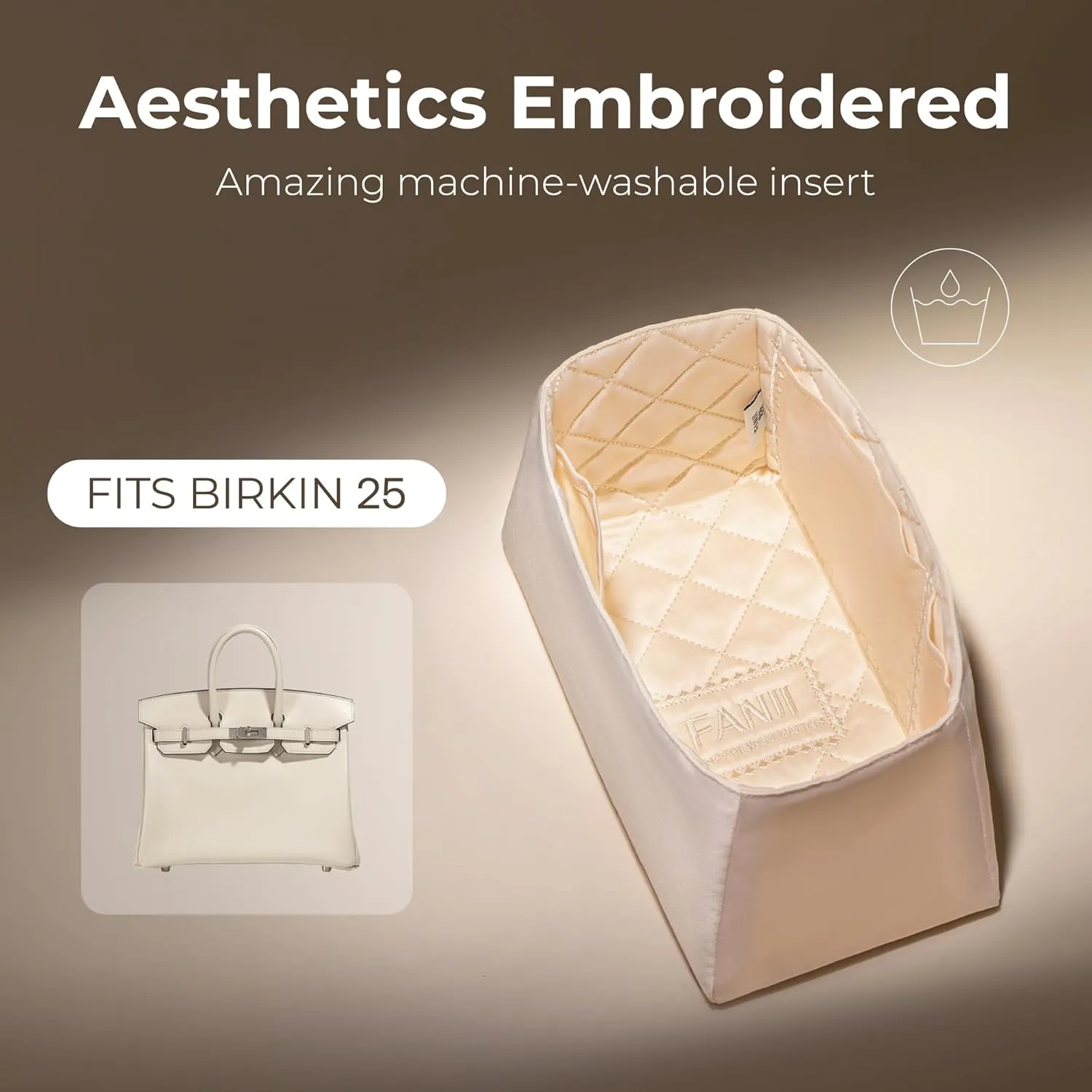 Purse Organizer Insert for Hermes Birkin 25 handbag, Custom Ferfect Fit Inside Premium Aesthetics Embroidered Lightweight Tote Bag Insert Accessories (Golden Luster Cream)
