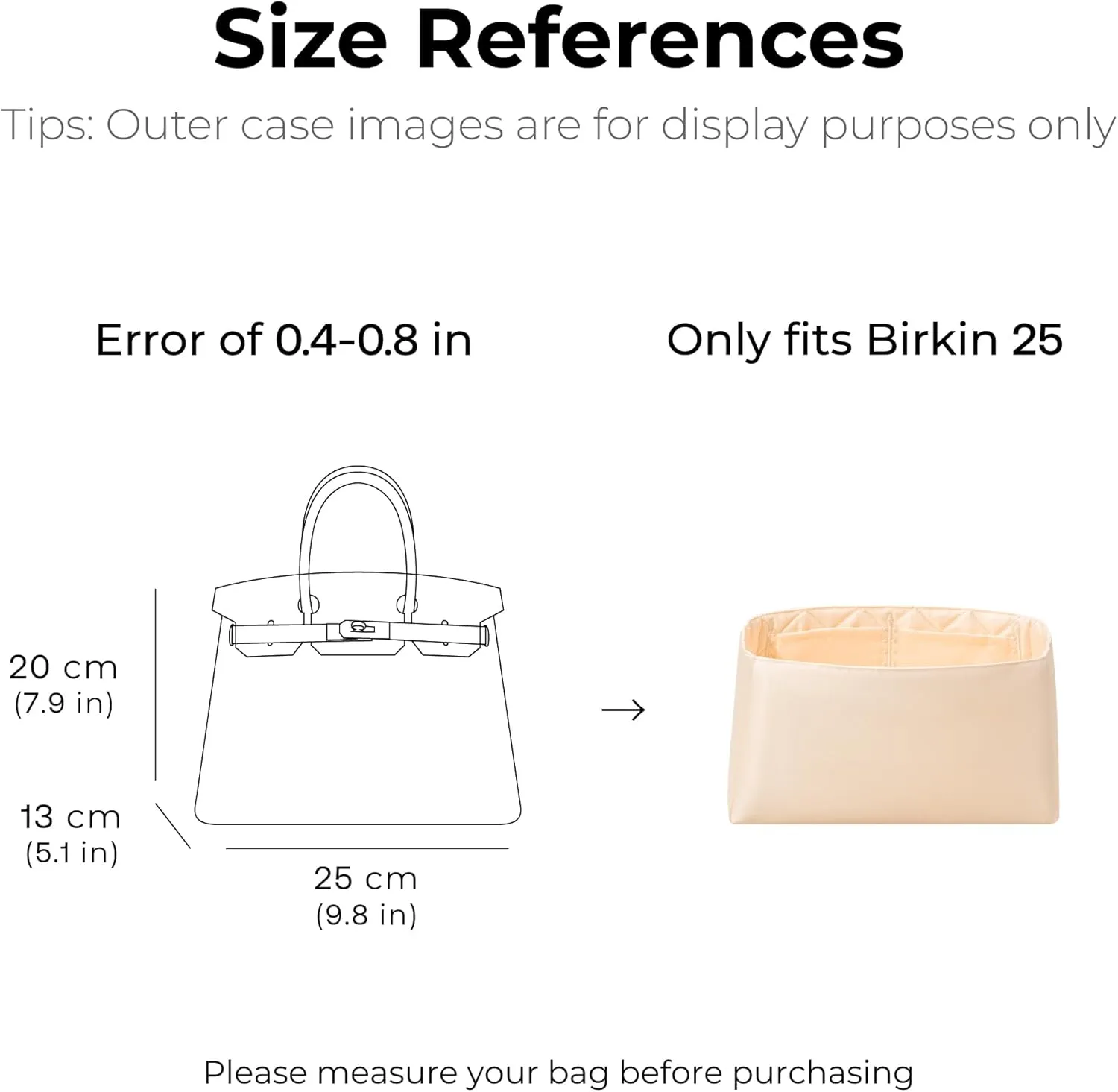Purse Organizer Insert for Hermes Birkin 25 handbag, Custom Ferfect Fit Inside Premium Aesthetics Embroidered Lightweight Tote Bag Insert Accessories (Golden Luster Cream)