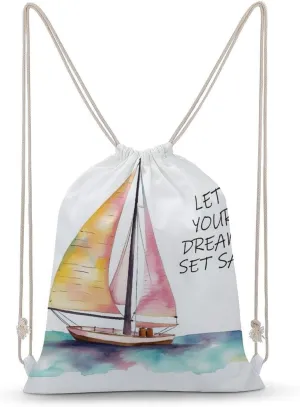 Quotes Let Your Dreams Set Sail Drawstring Backpack for Women Men Drawstring Bag for Travel Swimming Sports Gym Bag