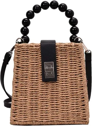 QZUnique Straw Bucket Bags for Women Top Handle Drawstring Woven Handbag Shoulder Bag Summer Beach Purses with Bamboo Handle