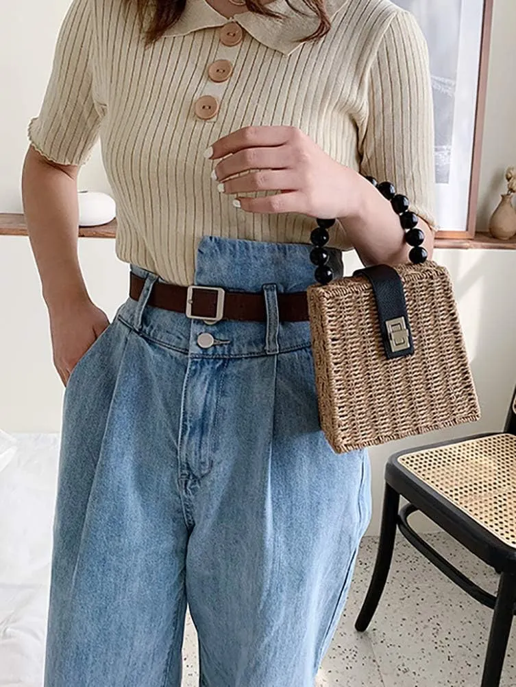 QZUnique Straw Bucket Bags for Women Top Handle Drawstring Woven Handbag Shoulder Bag Summer Beach Purses with Bamboo Handle