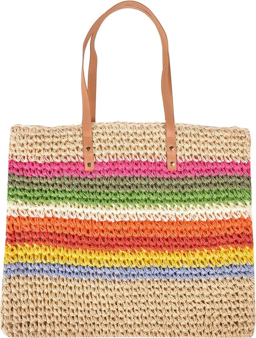 QZUnique Straw Rainbow Handbags Women’s Cotton Crochet Hand-Woven Tote Bag Top Handle Casual Shoulder Messenger Portable Bag