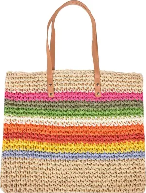 QZUnique Straw Rainbow Handbags Women’s Cotton Crochet Hand-Woven Tote Bag Top Handle Casual Shoulder Messenger Portable Bag