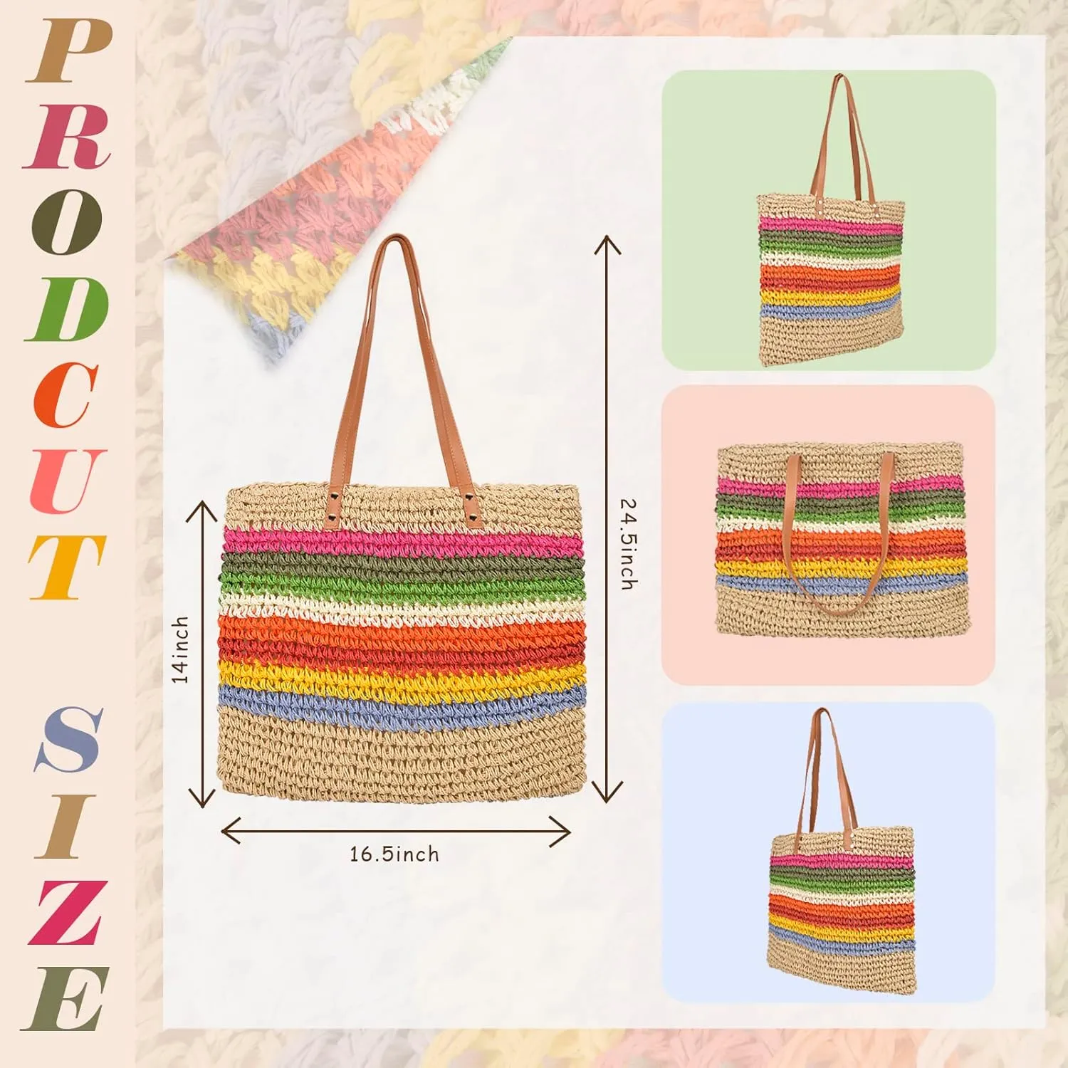 QZUnique Straw Rainbow Handbags Women’s Cotton Crochet Hand-Woven Tote Bag Top Handle Casual Shoulder Messenger Portable Bag