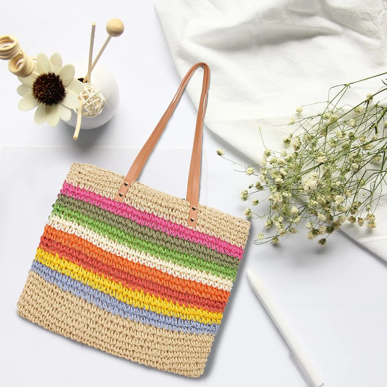 QZUnique Straw Rainbow Handbags Women’s Cotton Crochet Hand-Woven Tote Bag Top Handle Casual Shoulder Messenger Portable Bag