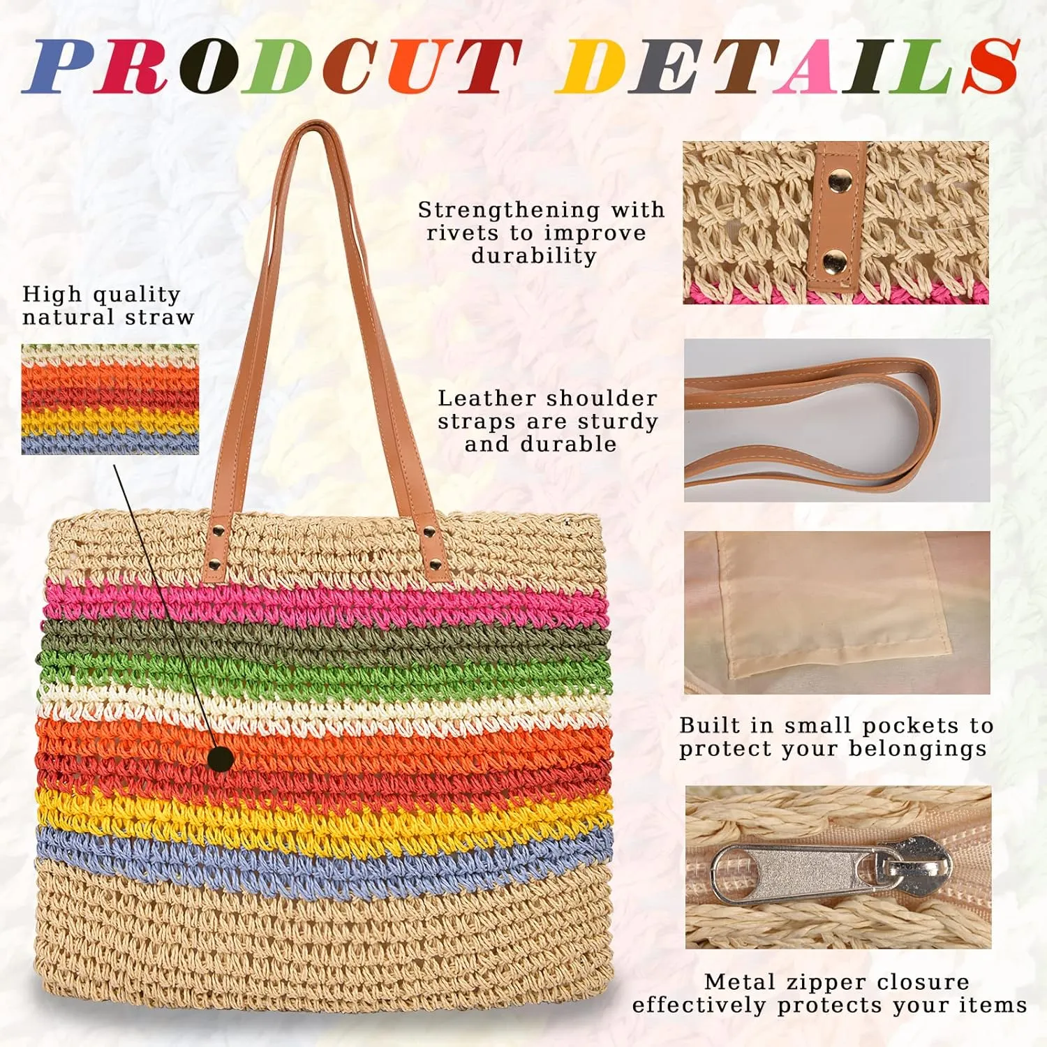 QZUnique Straw Rainbow Handbags Women’s Cotton Crochet Hand-Woven Tote Bag Top Handle Casual Shoulder Messenger Portable Bag