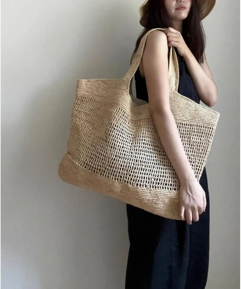 Raffia Straw Woven Totes Shoulder Crossbody Bag Handbag Hobo Hollow Beach Vacation Seaside Crochet Versatile Purse Chic