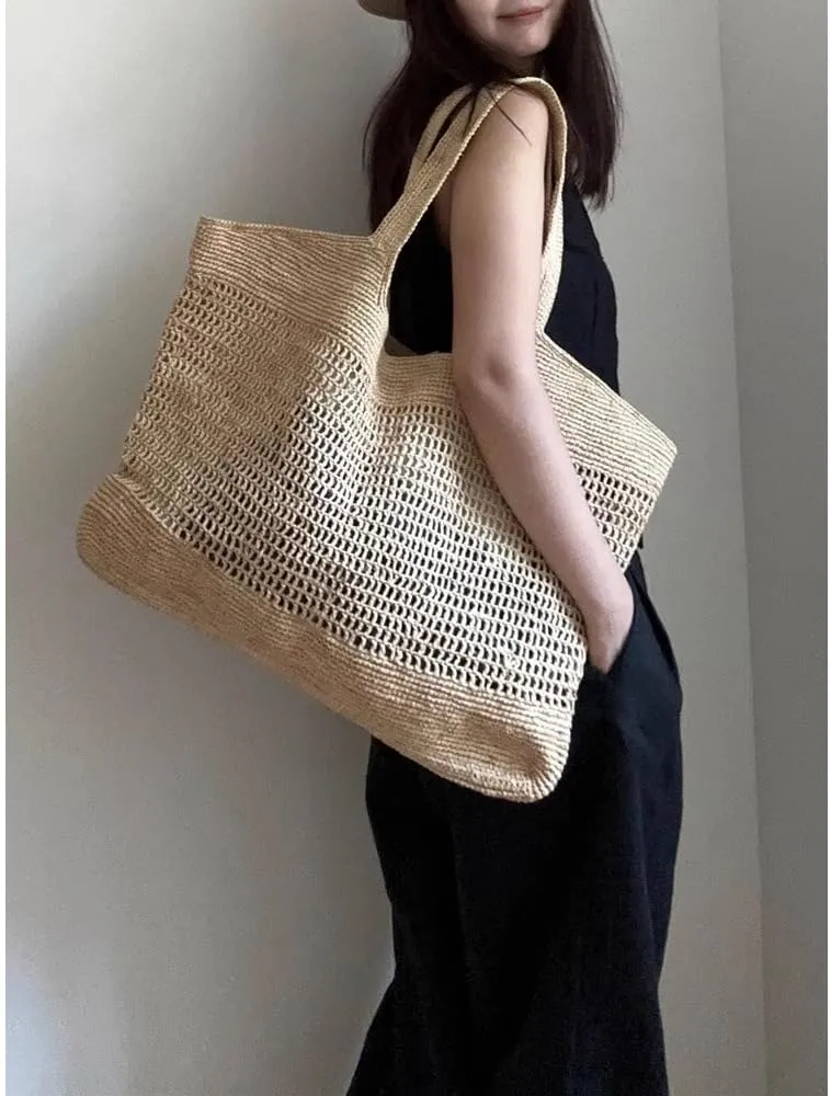 Raffia Straw Woven Totes Shoulder Crossbody Bag Handbag Hobo Hollow Beach Vacation Seaside Crochet Versatile Purse Chic