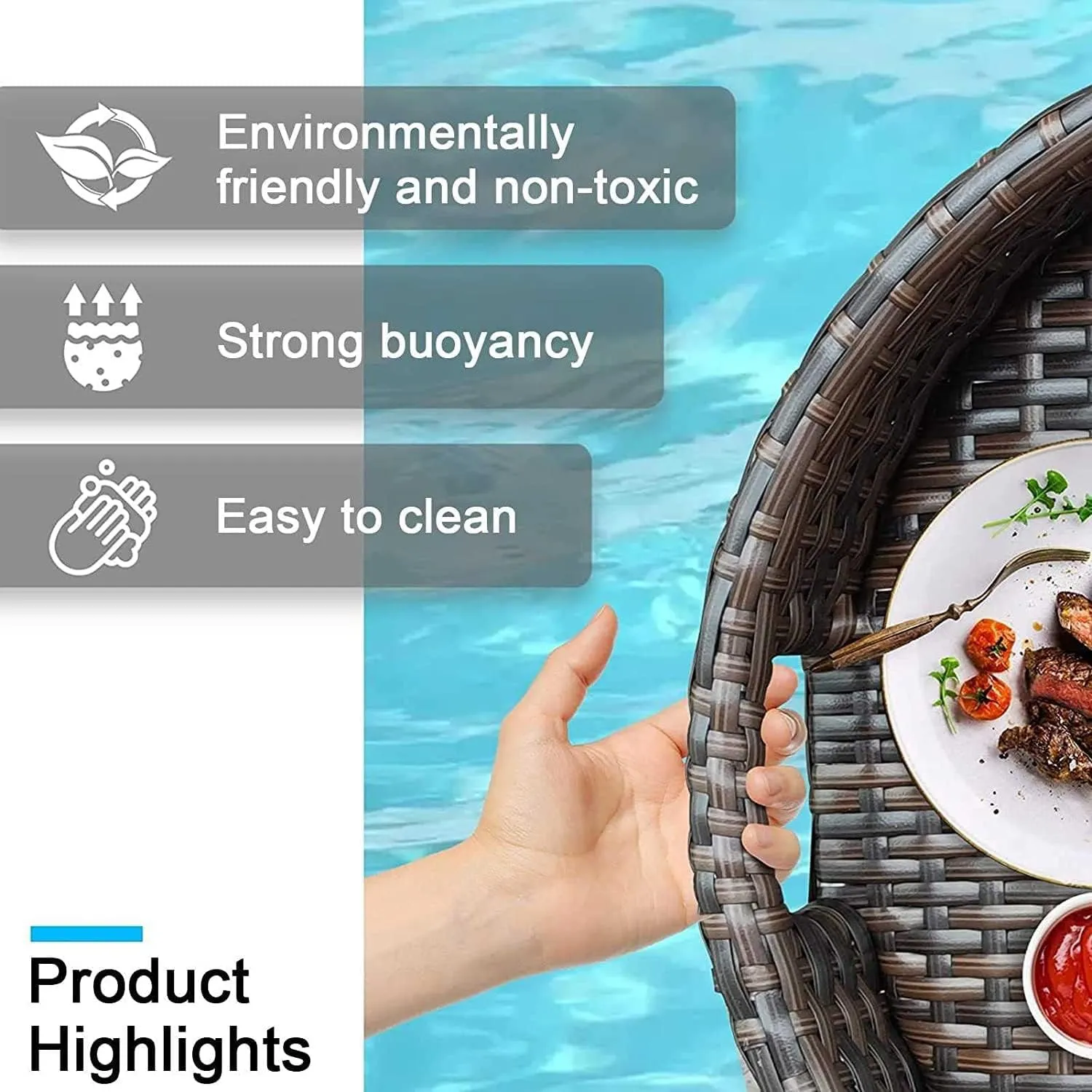 Rattan Serving Tray,with Handle Pool Floating Breakfast Serving Trays Sturdy Food Tray Waterproof Butler Tray for Breakfast Tea Platters Parties Wedding Photography