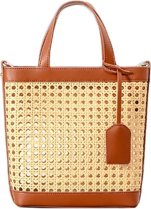 Rattan Tote Bag for Women Straw Beach Bag Crossbody Purse PU Leather Summer Shoulder Bag Cute Boho Purses Tote Handbag