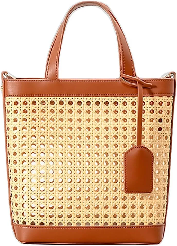 Rattan Tote Bag for Women Straw Beach Bag Crossbody Purse PU Leather Summer Shoulder Bag Cute Boho Purses Tote Handbag
