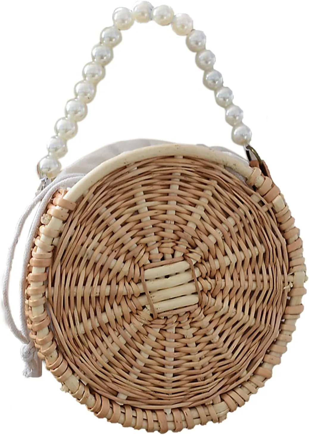 Rattan Tote Bag, Purse Wicker Bag with Pearl Handle, Rattan Basket for Women Beach Wedding Decor Flower Basket