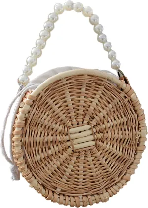 Rattan Tote Bag, Purse Wicker Bag with Pearl Handle, Rattan Basket for Women Beach Wedding Decor Flower Basket