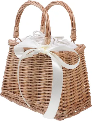 Rattan Woven Bag Natural Handwoven Wicker Handbag Top Handle Rattan Basket Boho Style Beach Bag Decorative Flower Basket Woven Storage Basket