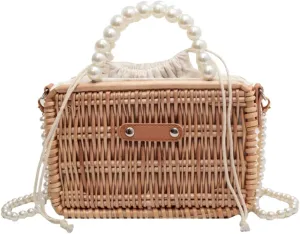 Rattan Woven Tote Bag, Straw Wicker Shoulder Bag, Pearl Basket Purse Summer Beach Raffia Crossbody Handbag for Women, One Color, One Size