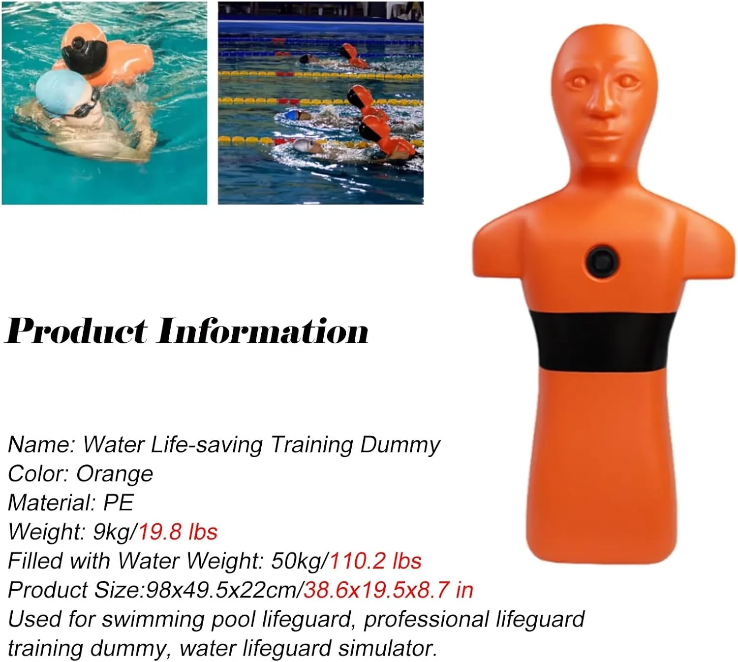 Realistic PE Water Rescue Training Dummy, 38.6 in Drowning Drill Model for School/Clubs Water Safety Courses, Swimming Teaching Tools for Adults/Teenagers(Orange)