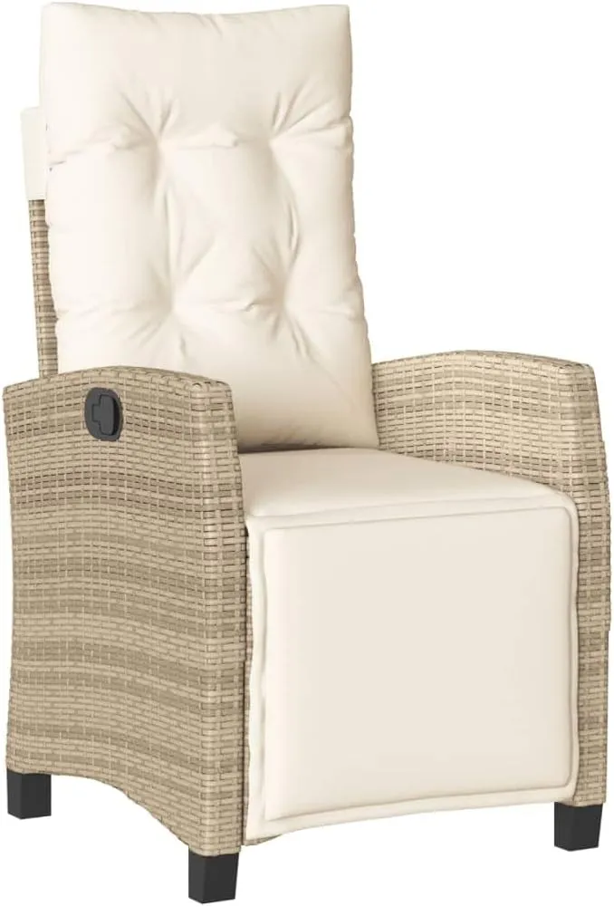 Reclining Patio Chair with Adjustable Footrest Beige Poly Rattan Outdoor Lounge Furniture, 36.6" H Weather-Resistant Steel Frame & Cream Cushions for Poolside Backyard Sunroom