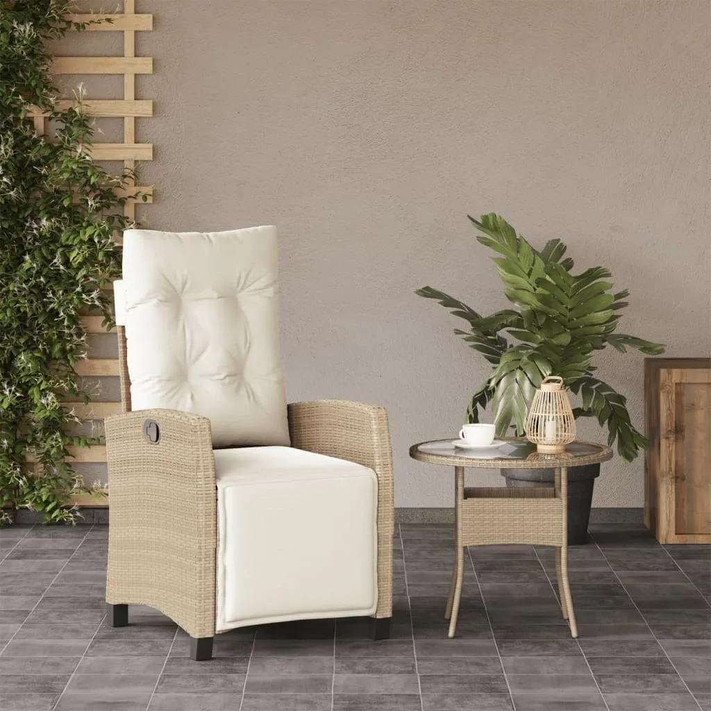 Reclining Patio Chair with Adjustable Footrest Beige Poly Rattan Outdoor Lounge Furniture, 36.6" H Weather-Resistant Steel Frame & Cream Cushions for Poolside Backyard Sunroom