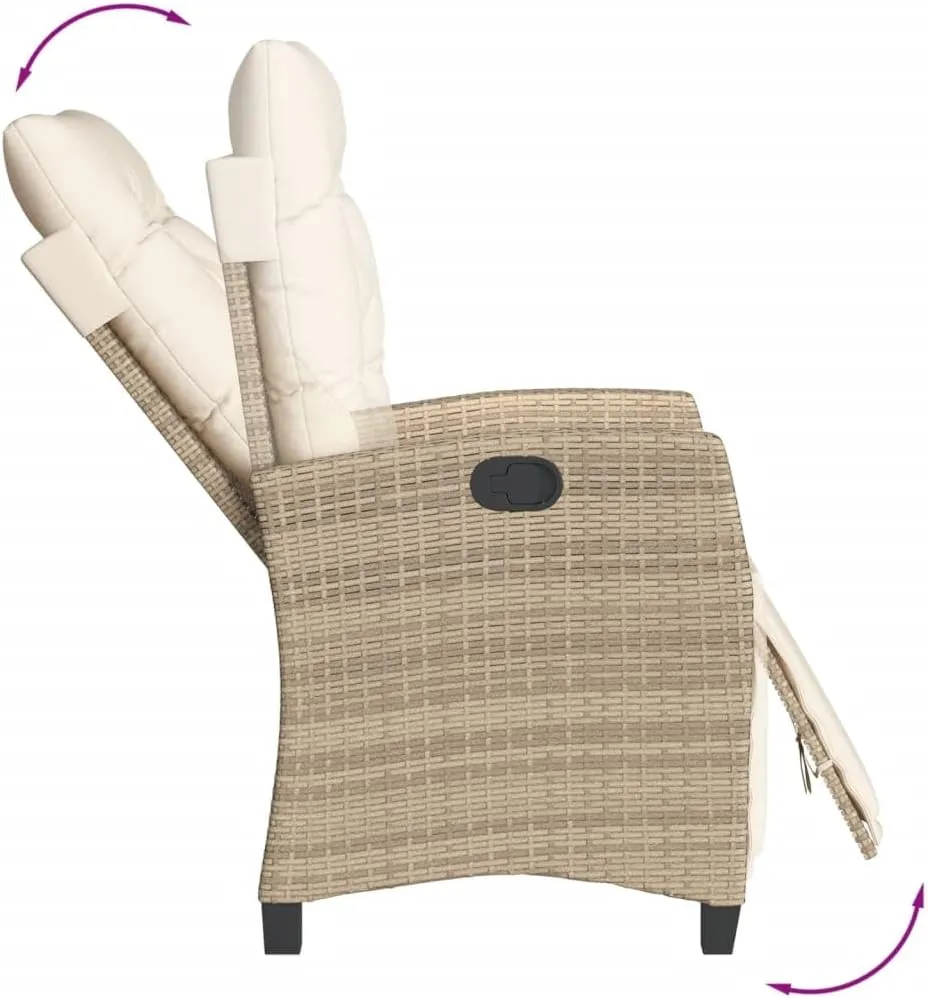 Reclining Patio Chair with Adjustable Footrest Beige Poly Rattan Outdoor Lounge Furniture, 36.6" H Weather-Resistant Steel Frame & Cream Cushions for Poolside Backyard Sunroom
