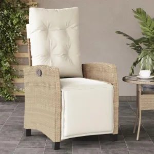 Reclining Patio Chair with Adjustable Footrest Beige Poly Rattan Outdoor Lounge Furniture, 36.6" H Weather-Resistant Steel Frame & Cream Cushions for Poolside Backyard Sunroom