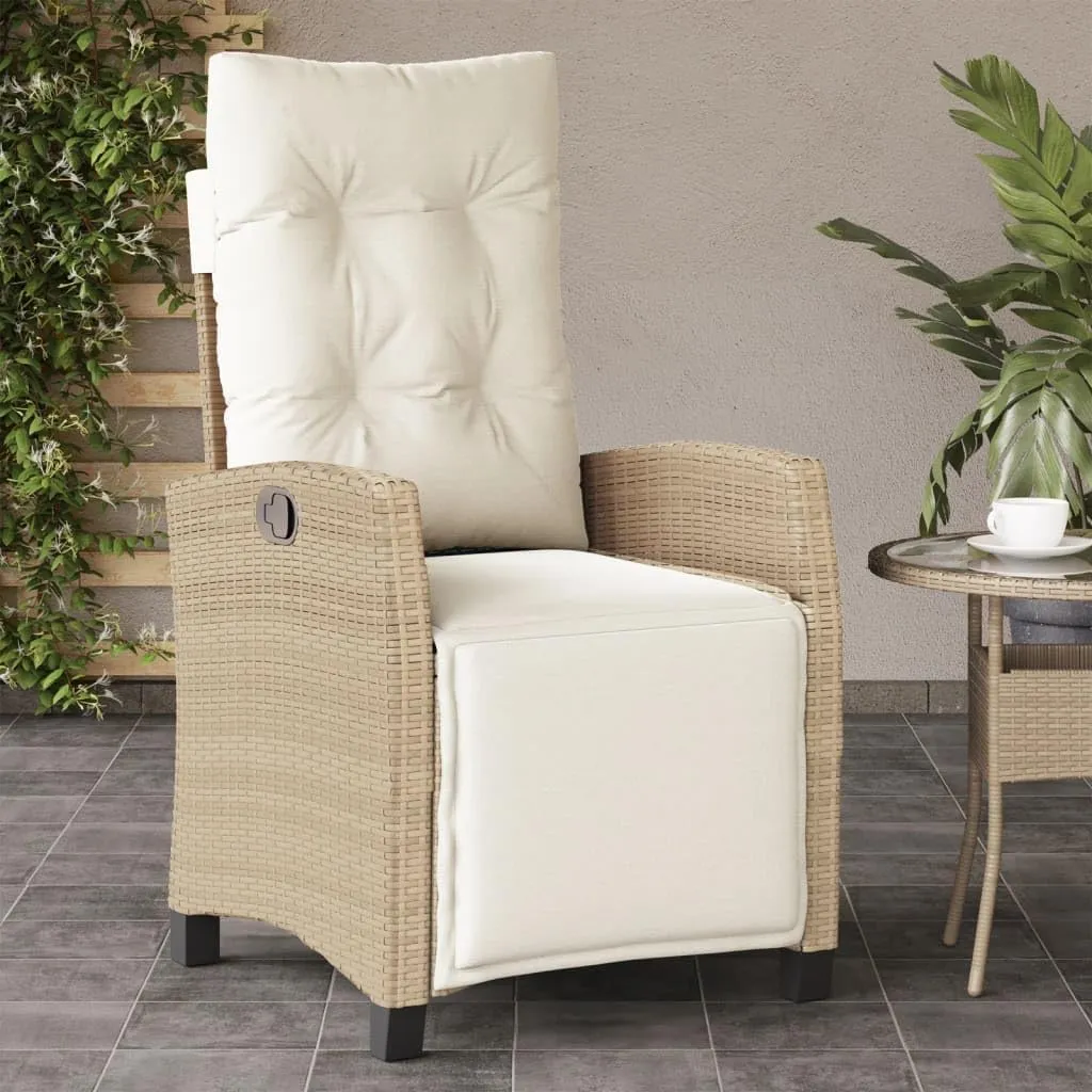 Reclining Patio Chair with Adjustable Footrest Beige Poly Rattan Outdoor Lounge Furniture, 36.6" H Weather-Resistant Steel Frame & Cream Cushions for Poolside Backyard Sunroom