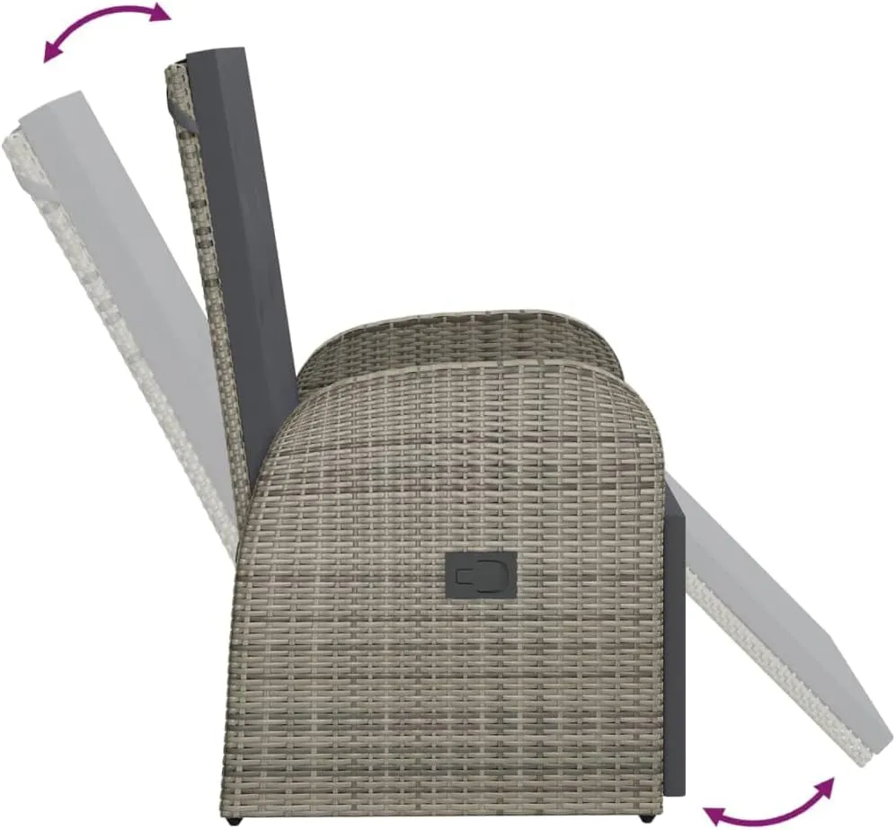Reclining Patio Chair with Cushion PE Rattan Outdoor Lounge Chair Gray Adjustable Backrest & Footrest for Garden, Balcony, Poolside